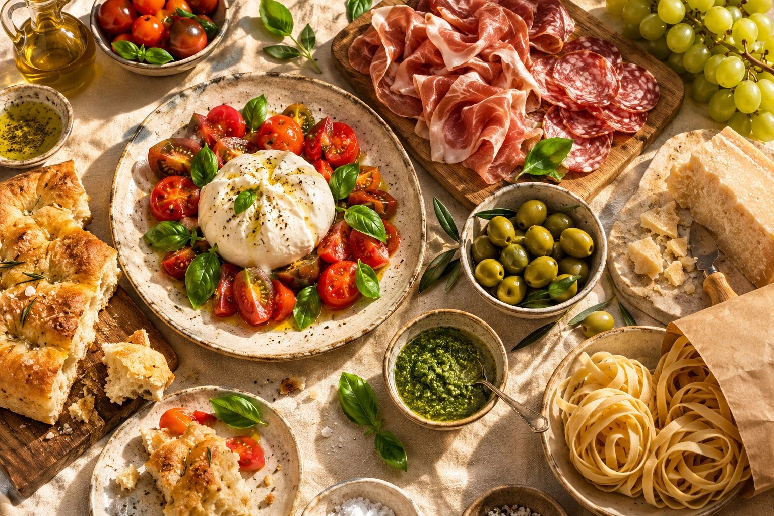 Table italienne illustrative : burrata, fromages, charcuteries, focaccia et antipasti
