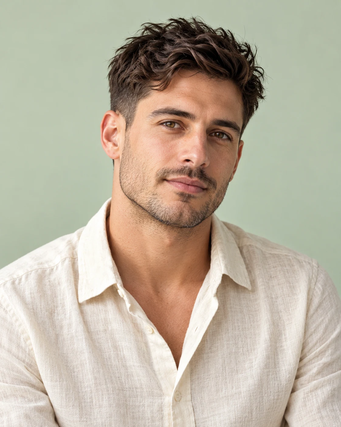 Portrait d’un homme aux cheveux courts texturés sur fond vert menthe