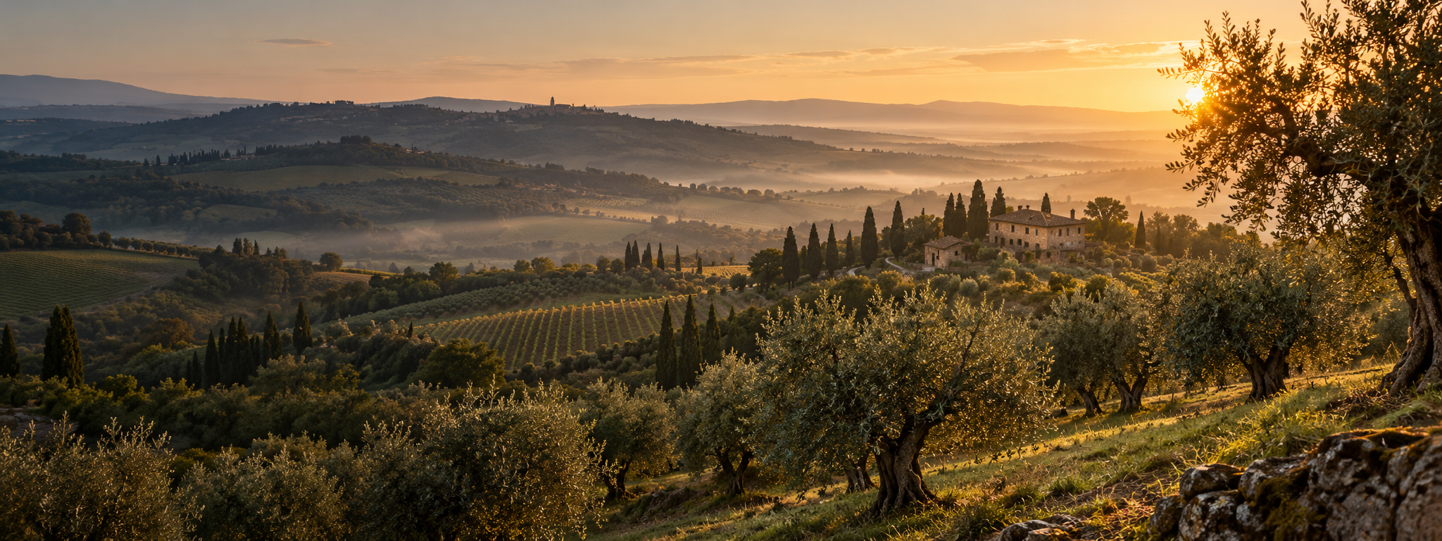 Collines italiennes, oliviers et cyprès dans la lumière du matin