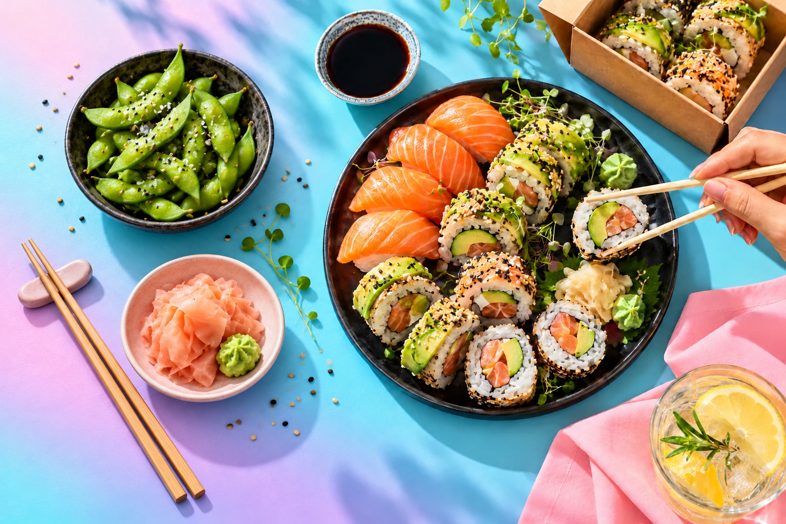Plateau de sushi accompagné d’edamame, de gingembre et de baguettes sur une table pastel