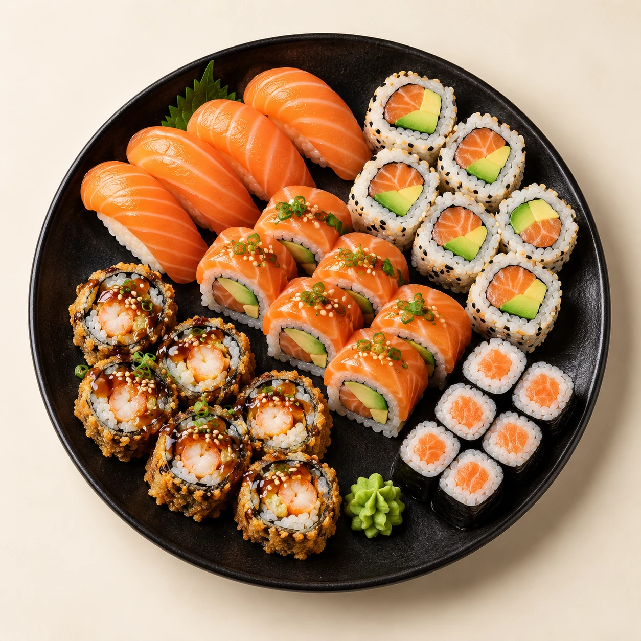 Plateau généreux de sushi saumon, rolls et maki